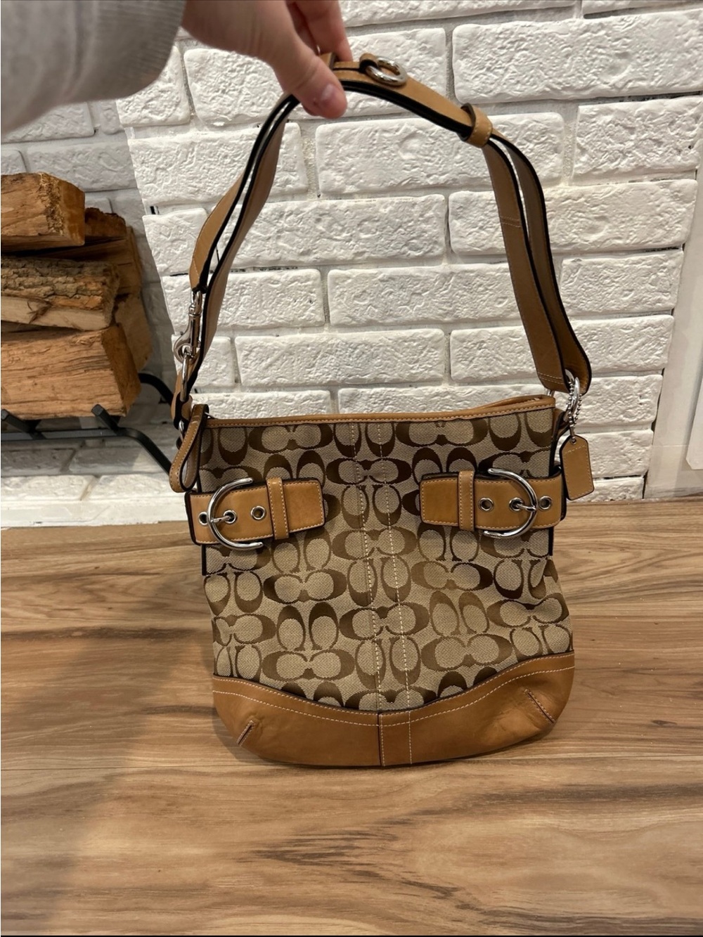 Coach Beige & Tan Signature Jacquard Hobo Bag